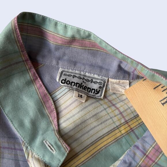Donnkenny pastel plaid button front blouse size 14 band collar 80s preppy - Picture 3 of 5